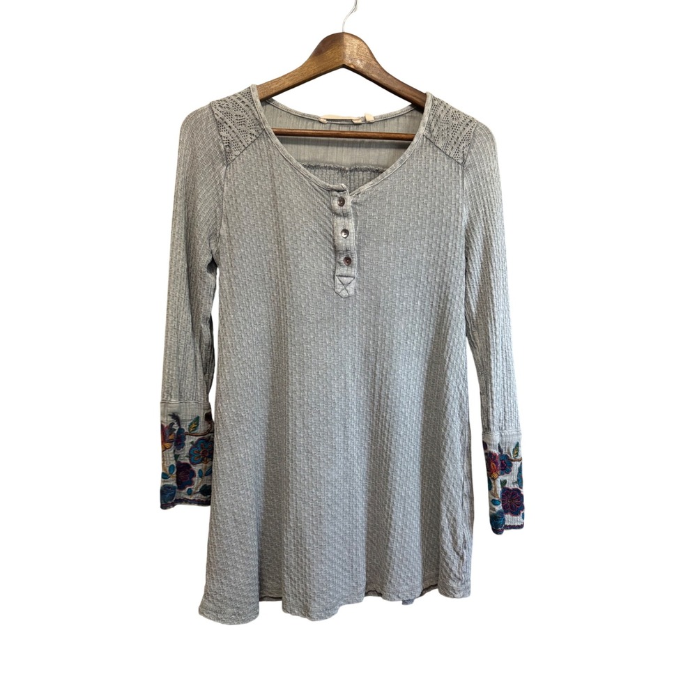 Soft Surroundings Tunic Women XS Grey Excellent Embroidered Henley Waffle‎ 2CR74